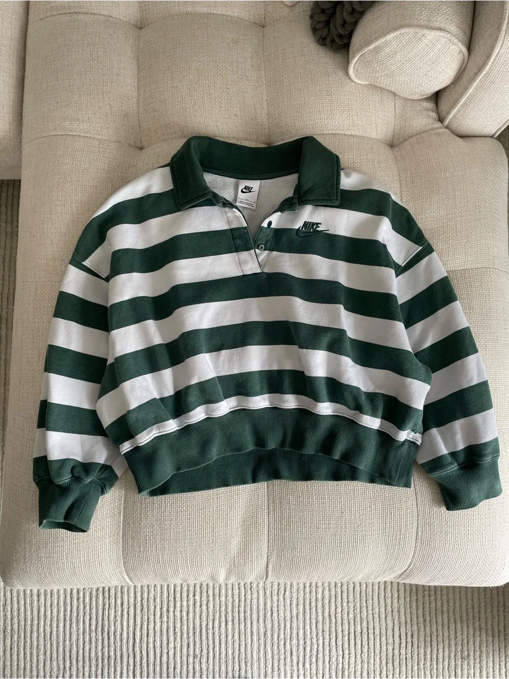 Nike Phoenix Cropped Rugby Polo Striped Sweatshirt Top Green White